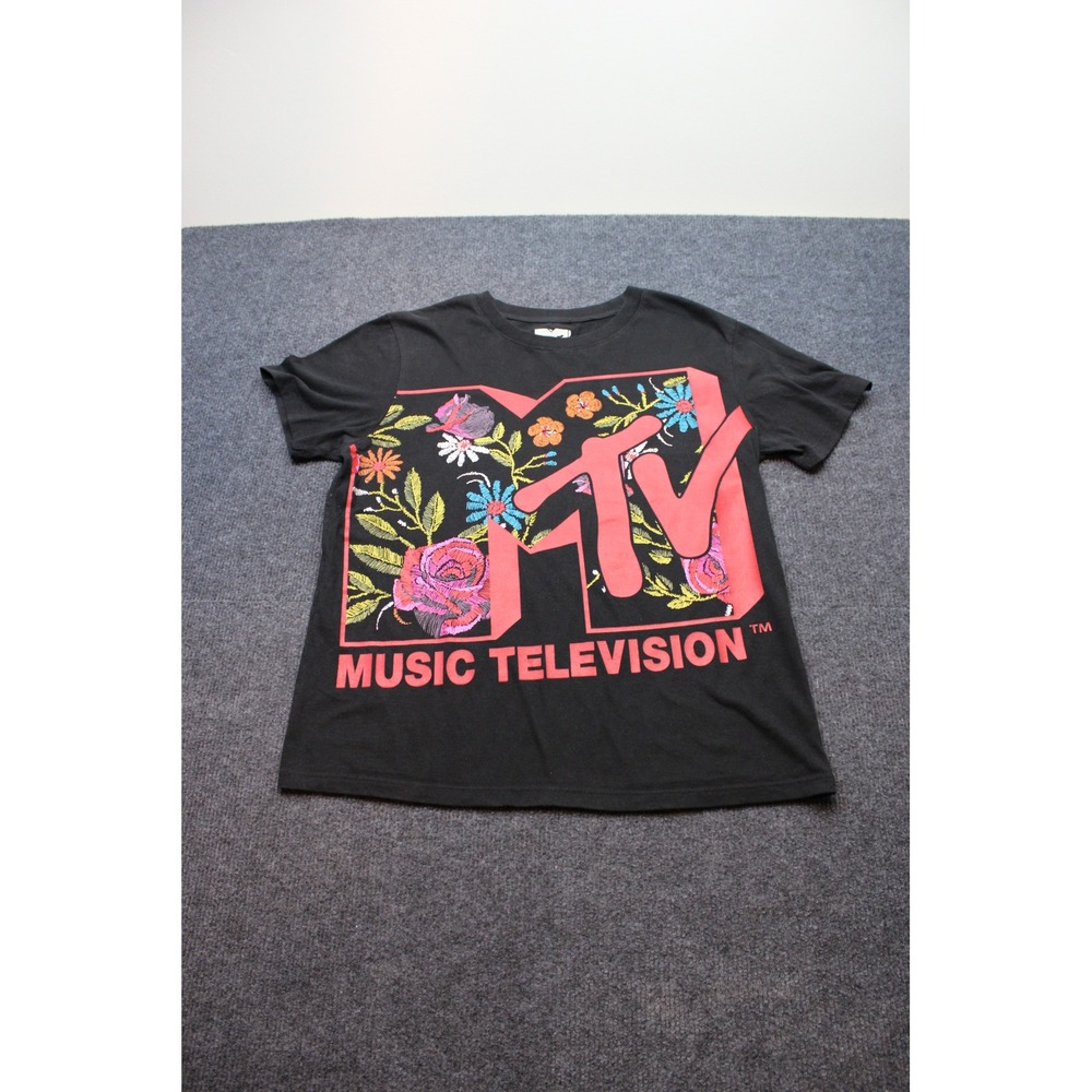 MTV Music Television Floral Embroidered Graphic Tee Black Small S Short Sleeve